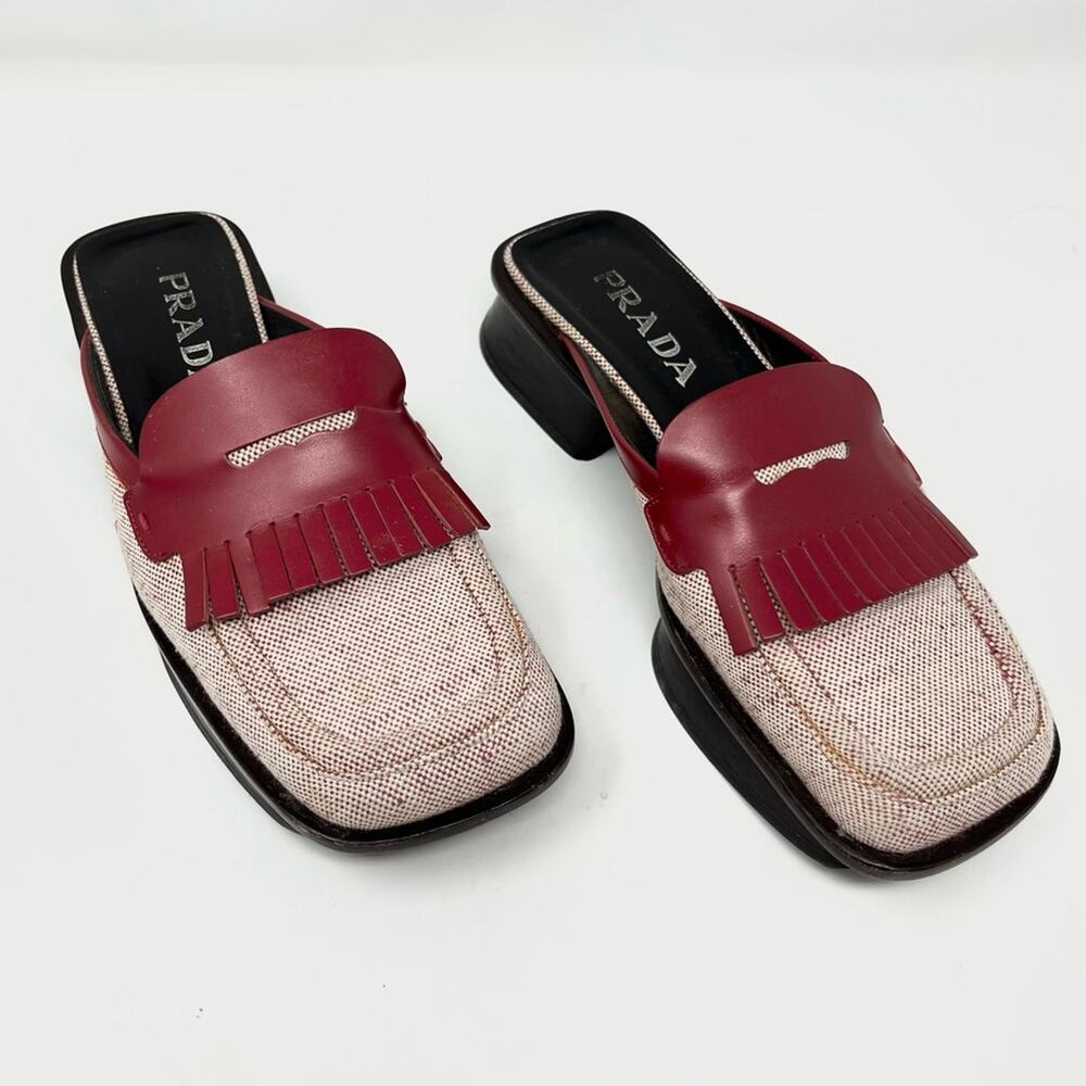 Vintage Prada 1999 Fringe Mule Archive Runway Square Toe size 37 Wood Split Sole